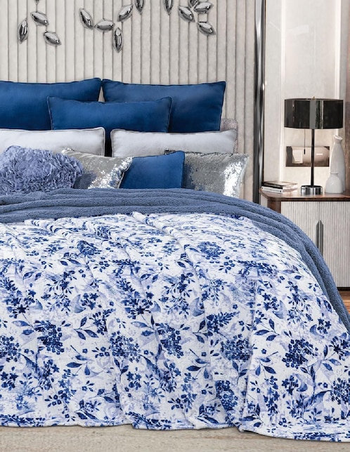 Cobertor Regina Dúo Sherpa Índigo estampado floral