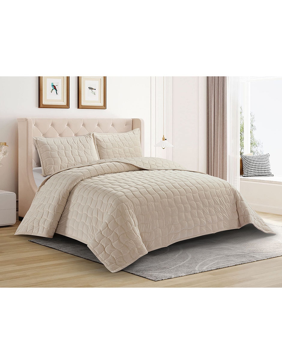 SET COLCHA WAVE VELVET, MAT-QS, BEIGE H